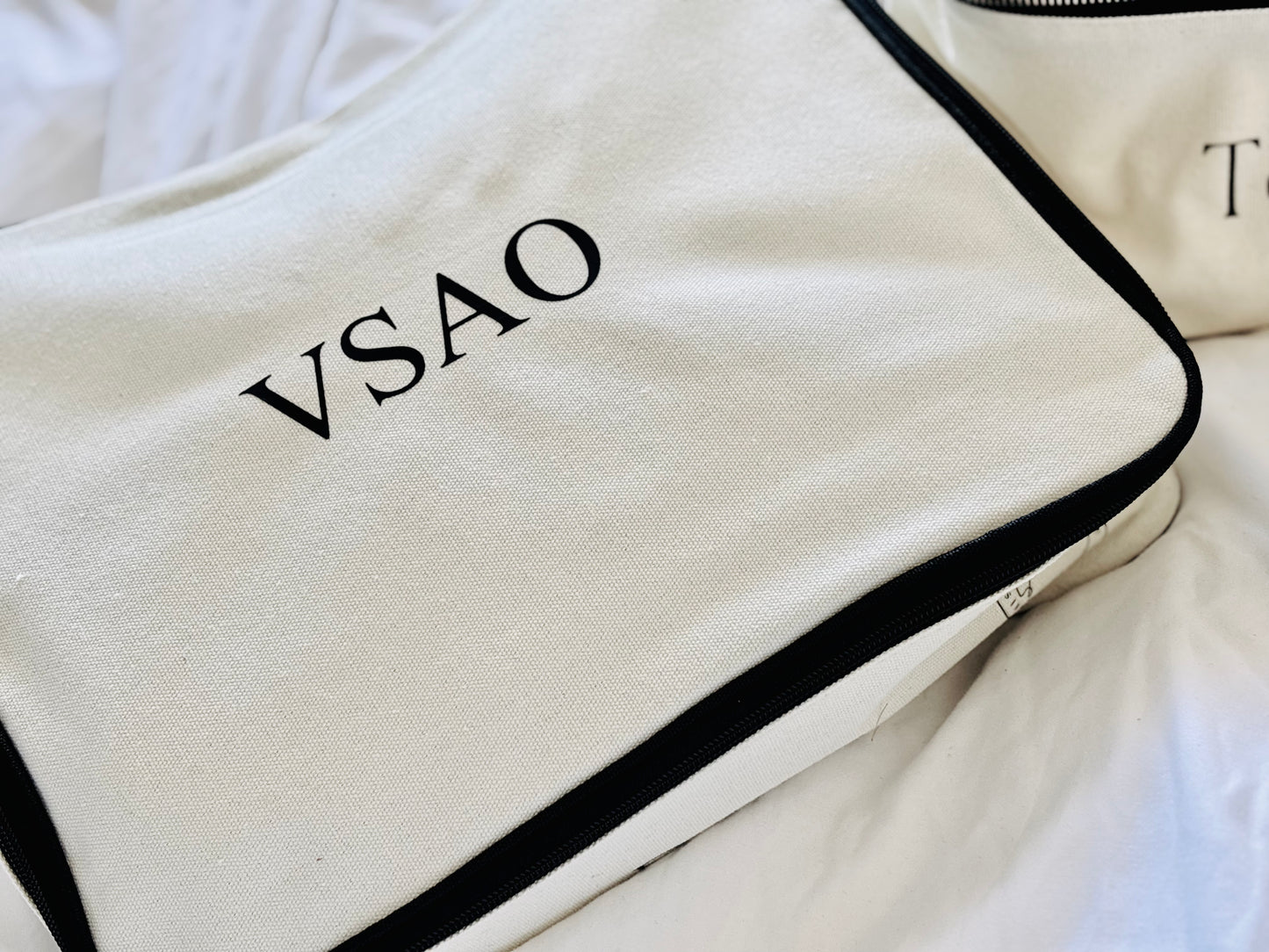 Cream cotton canvas packing cube that is personalised or personalized travel organiser