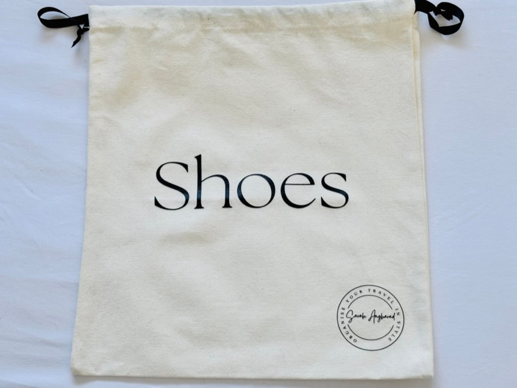 Cream cotton canvas shoe bag – drawstring travel organiser flat view