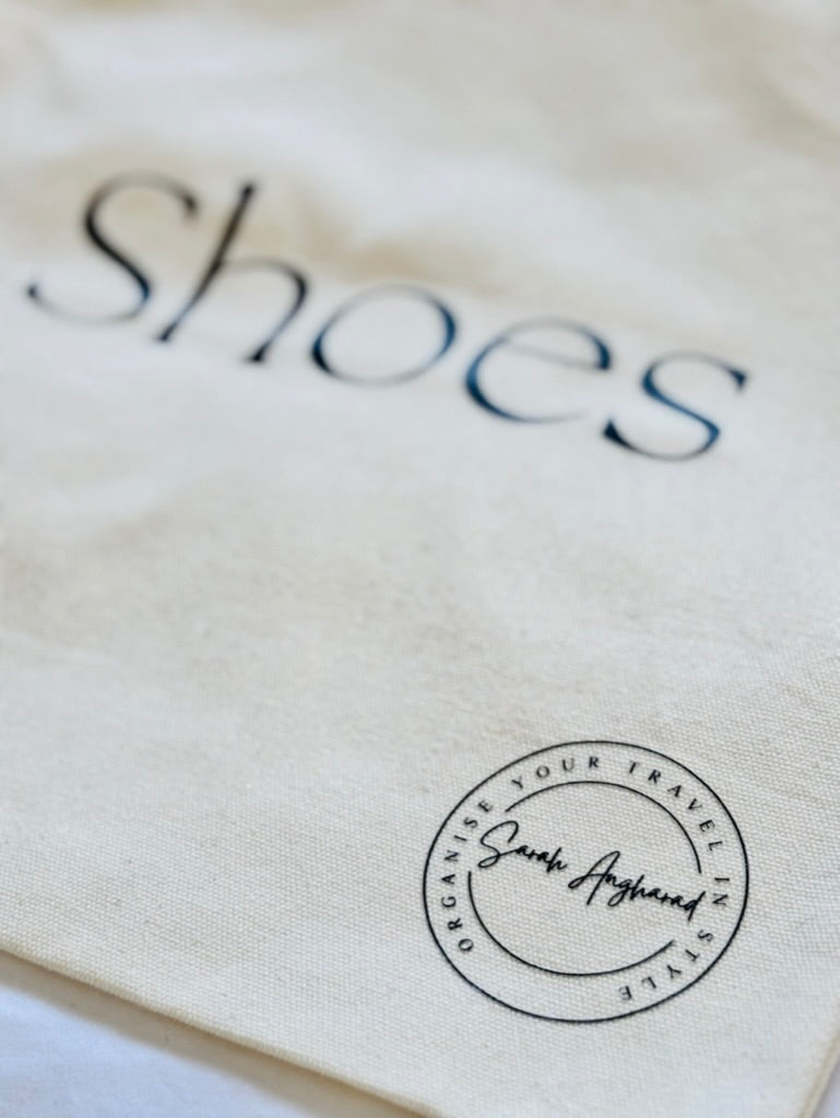 Cream cotton canvas shoe bag – drawstring travel organiser close up