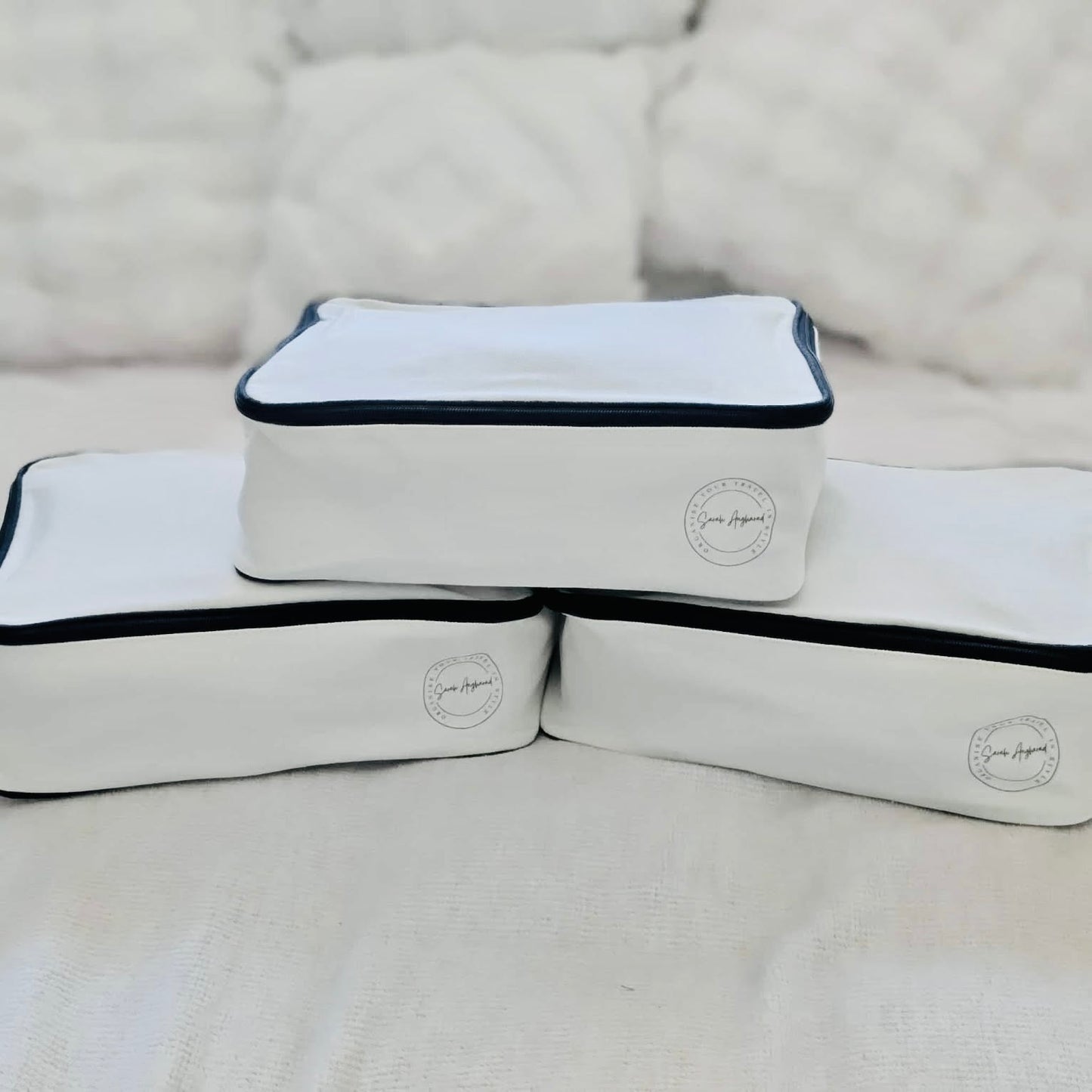 Set of 3 cream cotton canvas packing cubes – travel organiser front view
