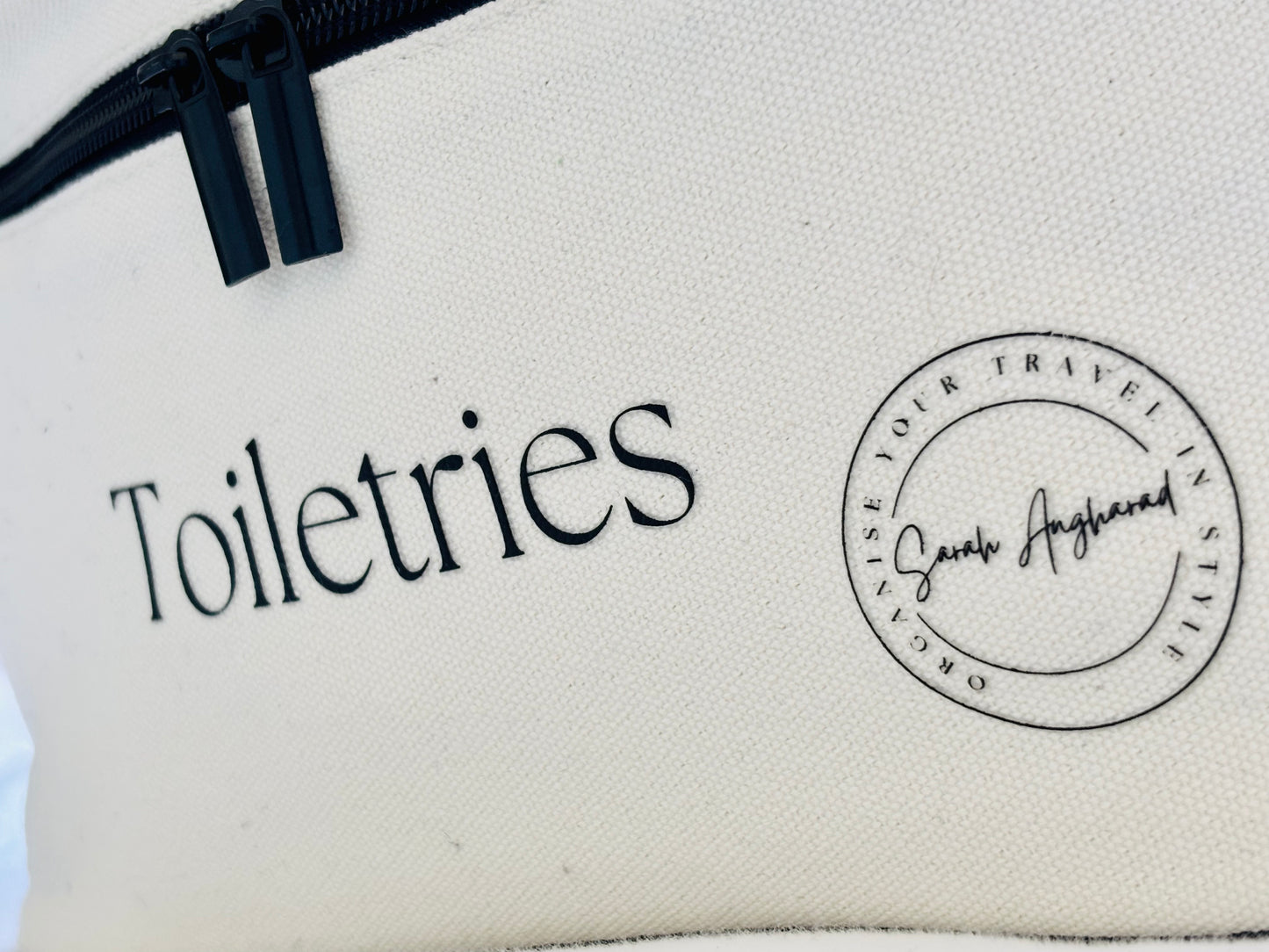 Cream cotton wash bag – perfect for organised travel toiletries Close up
