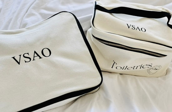 Two white toiletry bags with personalised branding on a white background