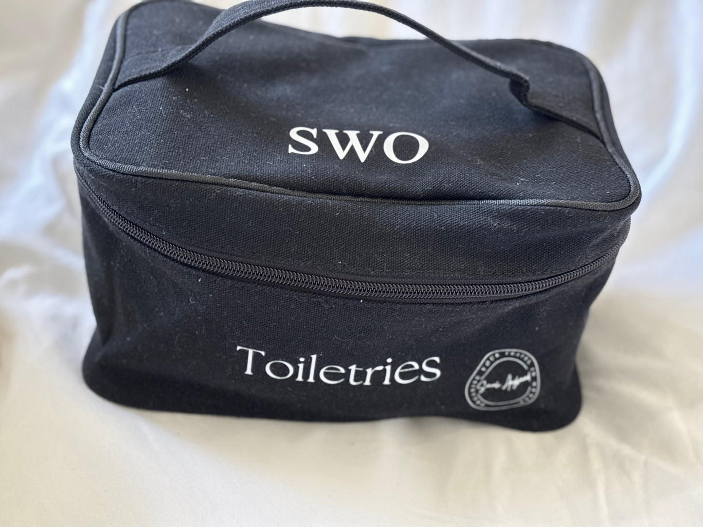 Black Toiletries bag with personalisation in white