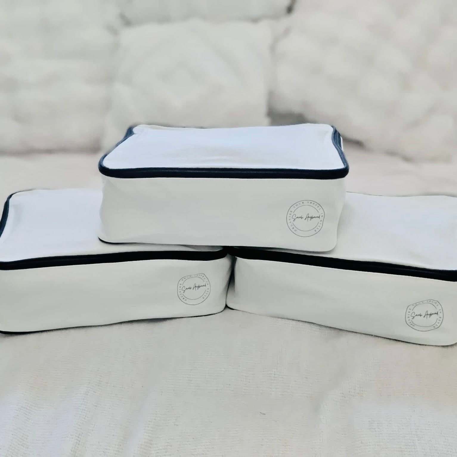 Set of 3 cream cotton canvas packing cubes – travel organiser front view