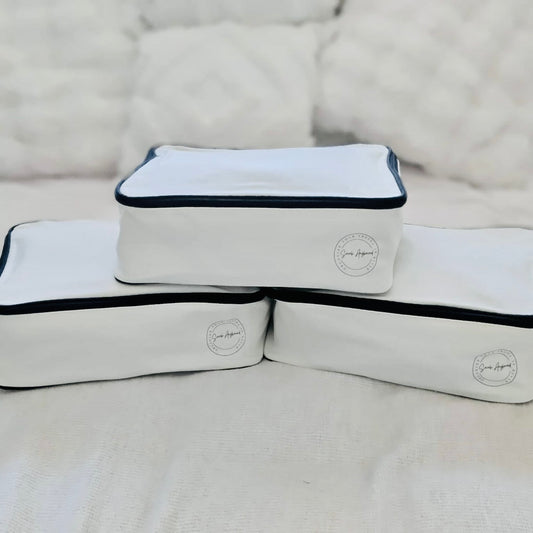 Set of 3 cream cotton canvas packing cubes – travel organiser front view