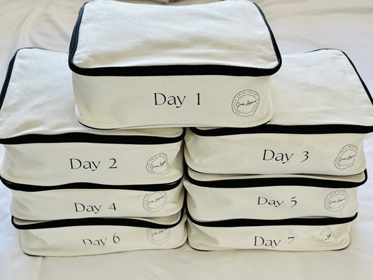 The original Daily Travel Packing cubes by Sarah Angharad in cream and numbered days 1 to 7