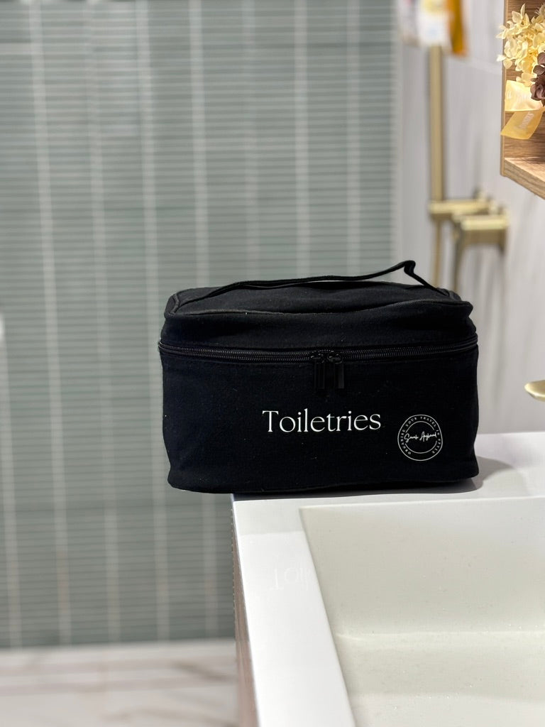 Standard size travel toiletry organiser in black cotton fabric