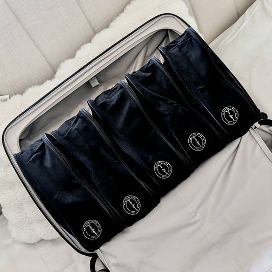 5 Black Packing Cubes as a set in a suitcase