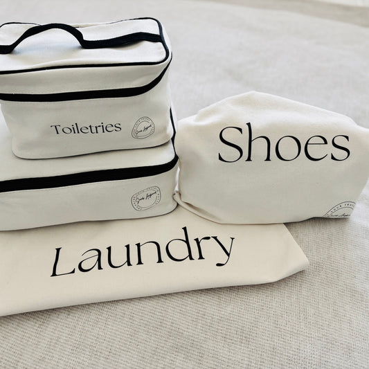 Travel Packing Set, one packing cube, one laundry bag, one shoe bag and a toiletries bag.